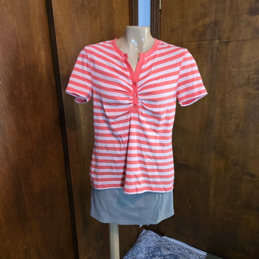 Weatherproof Womens Henley Top Medium Melon Pink Ruched V-Neck‎ Button Summer